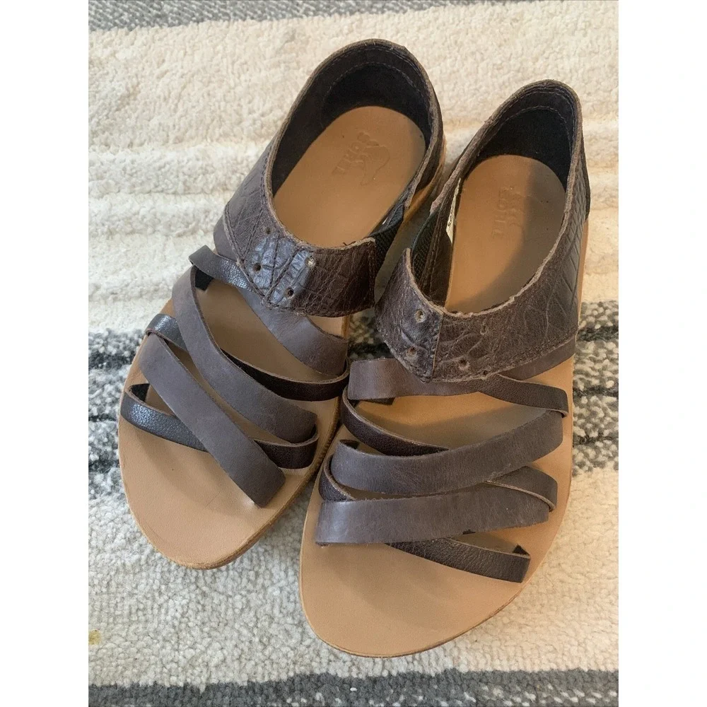 Sorel Lake Shoe Sandals Women's 6M‎ Brown Leather Slip On Strappy Open Toe.
